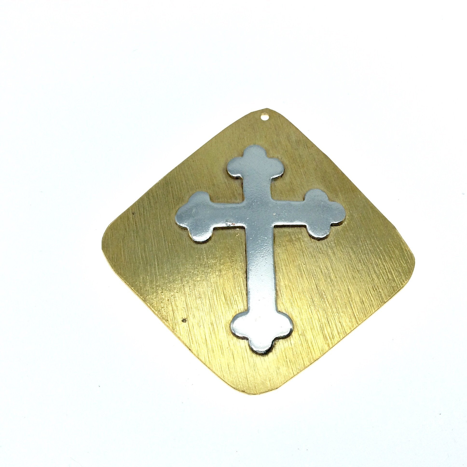 OOAK Rustic Shield Pendant - Gold Plated Freeform Diamond Shape with Silver Plated Cross Embellishment - Measuring 58mm x 60mm