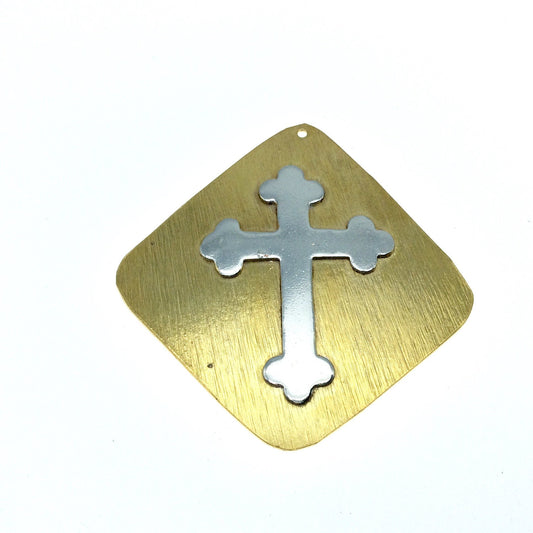 OOAK Rustic Shield Pendant - Gold Plated Freeform Diamond Shape with Silver Plated Cross Embellishment - Measuring 58mm x 60mm