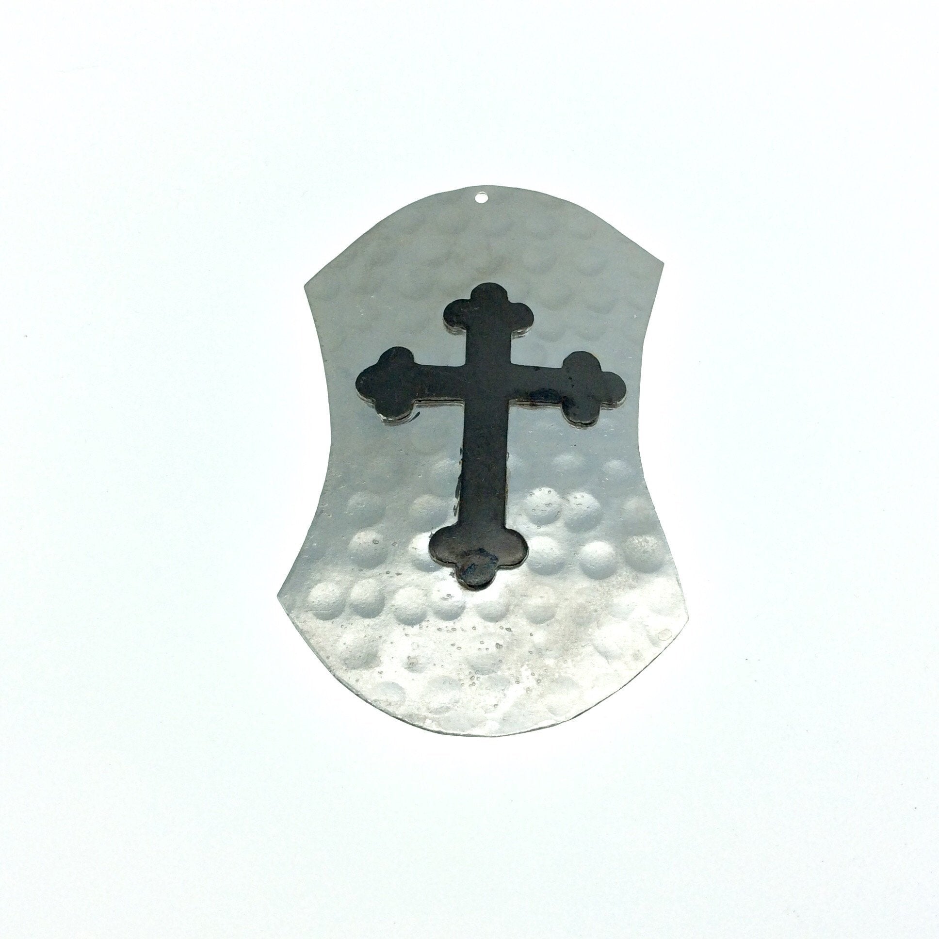 OOAK Rustic Shield Pendant - Silver Plated Hammered Abstract Hourglass Shape with Gunmetal Plated Cross Embellishment - Measures 45mm x 75mm
