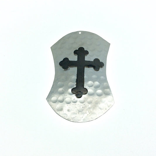 OOAK Rustic Shield Pendant - Silver Plated Hammered Abstract Hourglass Shape with Gunmetal Plated Cross Embellishment - Measures 45mm x 75mm
