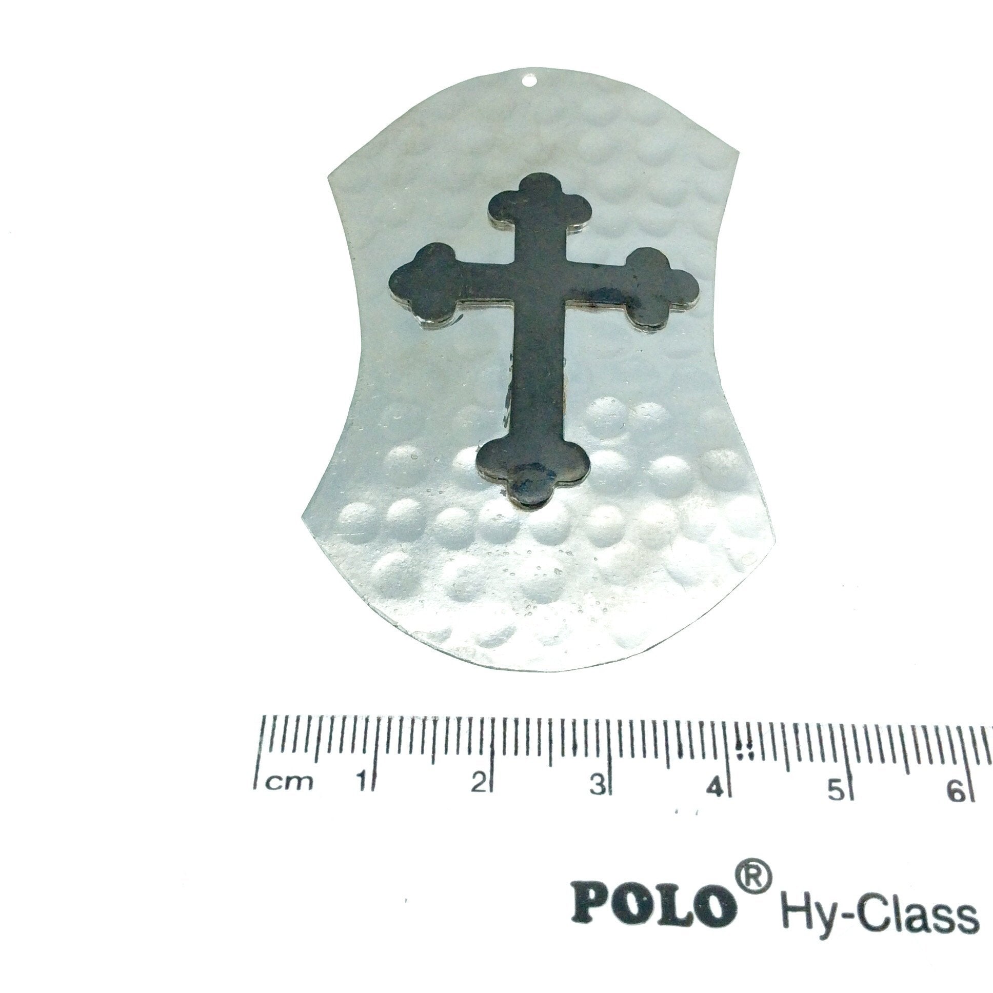 OOAK Rustic Shield Pendant - Silver Plated Hammered Abstract Hourglass Shape with Gunmetal Plated Cross Embellishment - Measures 45mm x 75mm