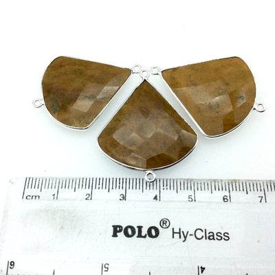 Silver Finish Faceted Yellow Jasper Fan Shaped Bezel Connector - Measuring 30mm x 30mm - Natural Semi-precious Gemstone