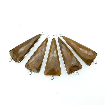 Silver Finish Faceted Yellow Jasper Long Triangle Shaped Bezel Connector - Measuring 15mm x 35mm - Natural Semi-precious Gemstone