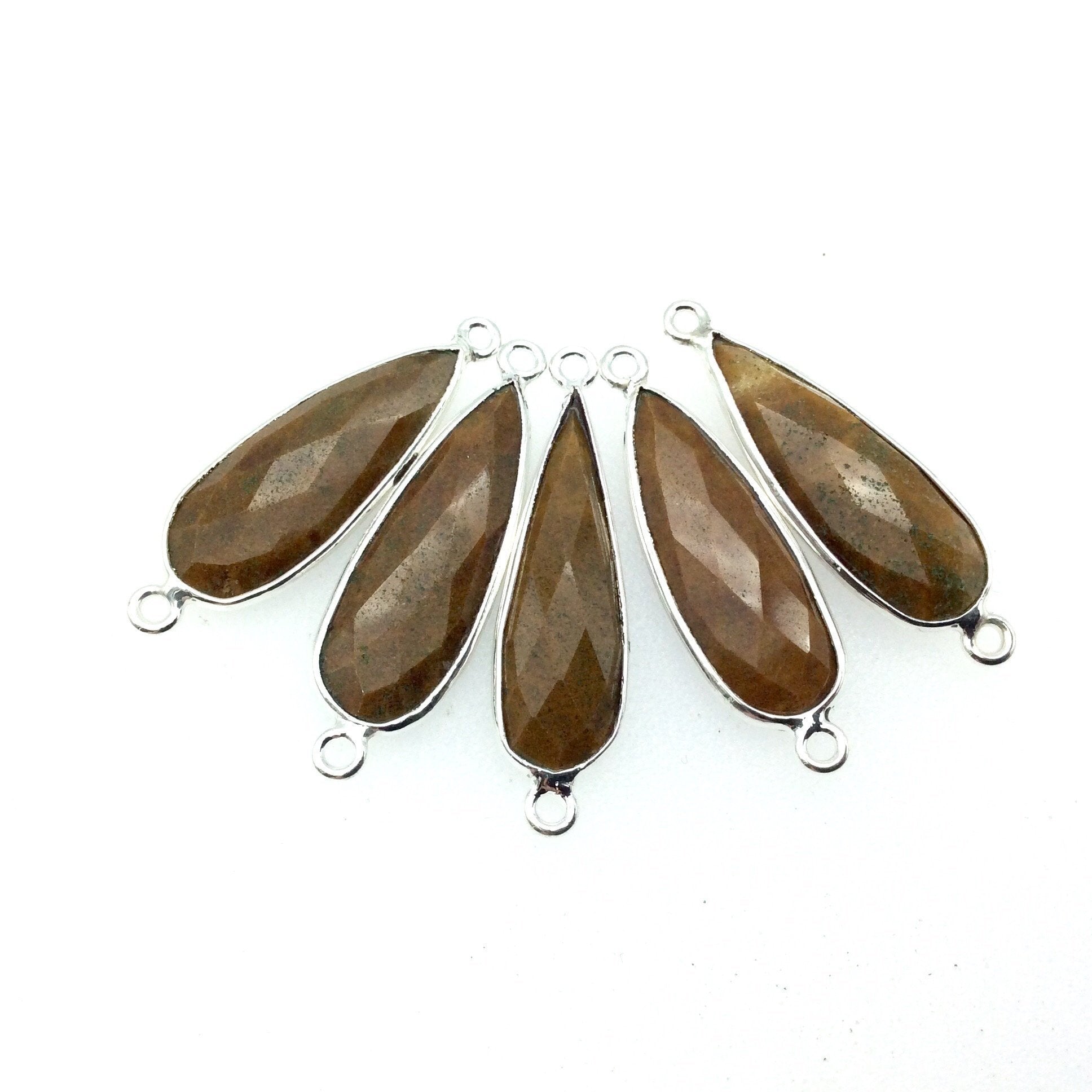 Silver Finish Faceted Yellow Jasper Long Teardrop Shaped Bezel Connector - Measuring 10mm x 25mm - Natural Semi-precious Gemstone