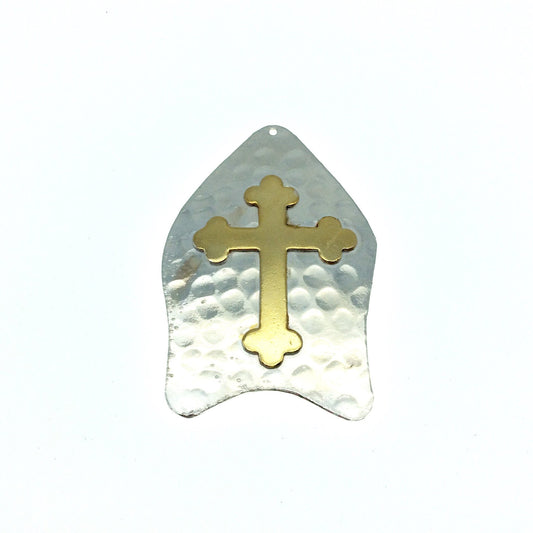 OOAK Rustic Shield Pendant - Silver Plated Hammered Abstract Shape with Gold Plated Cross Embellishment - Measuring 40mm x 61mm