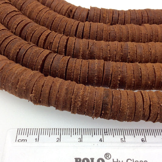 15mm Cinnamon Brown Colored Suede Leather Heishi/Disc Beads with 2mm Holes - 7.5" Strand (Approx. 50 Beads) - Sold by the Strand