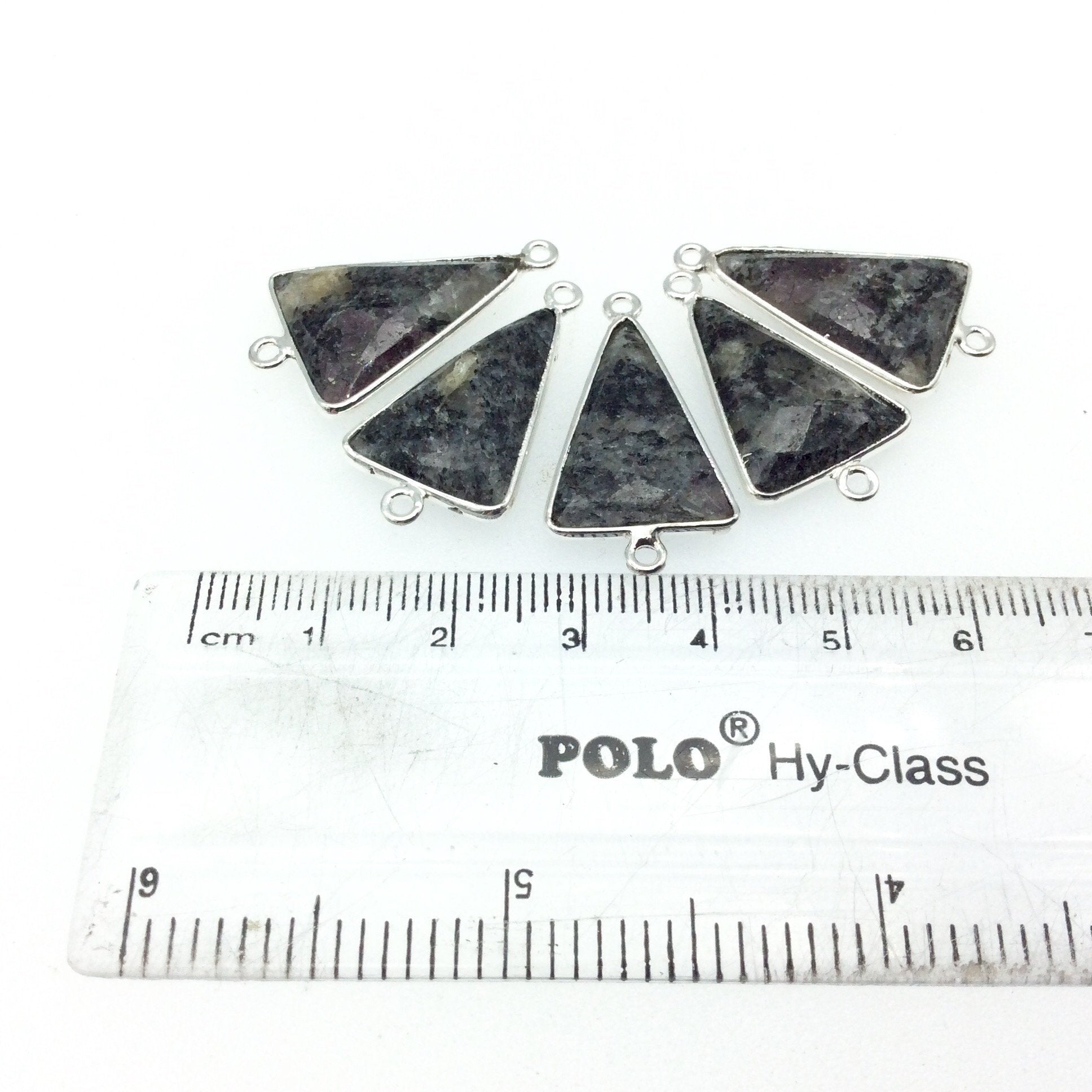 Silver Finish Faceted Black Feldspar Triangle Shaped Bezel Connector Component - Measuring 15mm x 20mm - Natural Semi-precious Gemstone