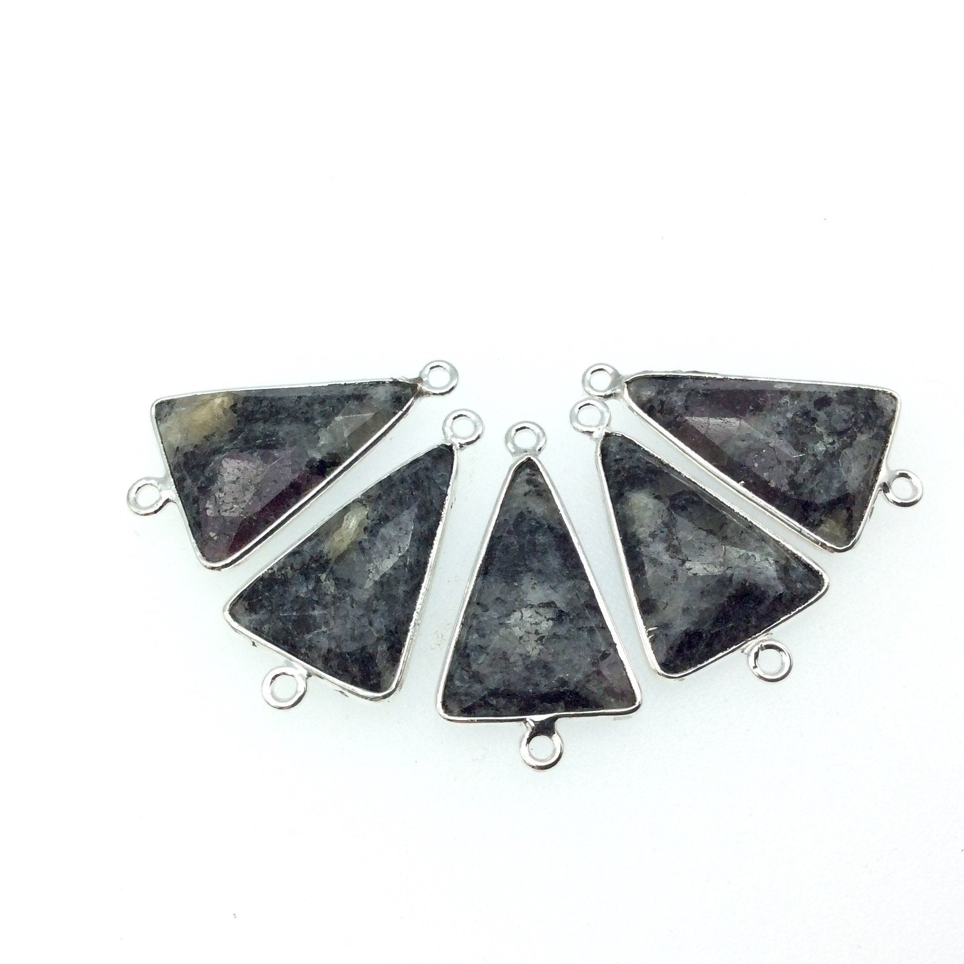 Silver Finish Faceted Black Feldspar Triangle Shaped Bezel Connector Component - Measuring 15mm x 20mm - Natural Semi-precious Gemstone