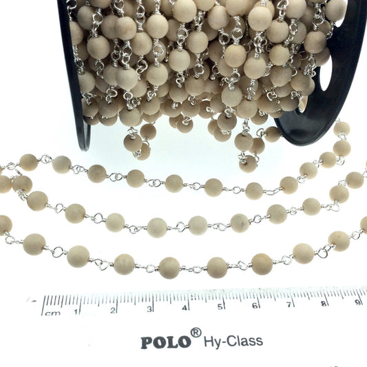 Silver Plated Copper Wrapped Rosary Chain with 6mm Matte Natural Cream River Stone Round Shaped Beads - Sold by the foot! (CH310-SV)