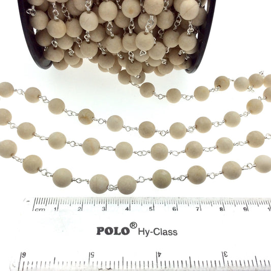 Silver Plated Copper Wrapped Rosary Chain with 8mm Matte Natural Cream River Stone Round Shaped Beads - Sold by the foot! (CH414-SV)