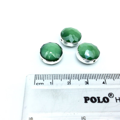 Silver Electroplated Faceted Opaque Green Crystal Round/Coin Shaped Bead  - 14mm - Sold Individually, At Random - High Quality Crystal