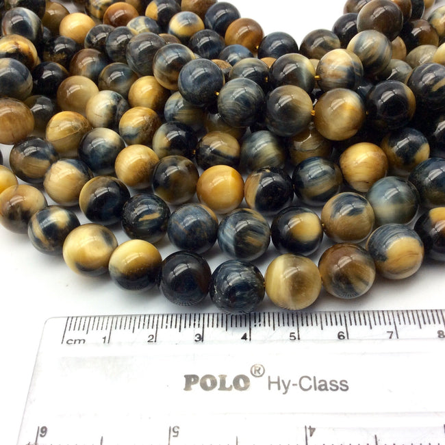 12mm Smooth Natural Gold/Blue Tiger's Eye Round/Ball Shape Beads W 1mm Holes - Sold by 15.5" Strands (Approx. 33 Beads) - Quality Gemstone