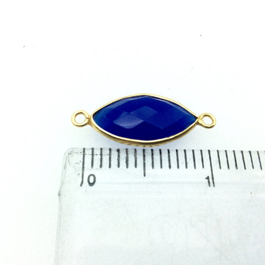 Gold Finish Faceted Cobalt Blue Chalcedony Marquise Shaped Bezel Connector Component - Measuring 10mm x 20mm - Natural Gemstone