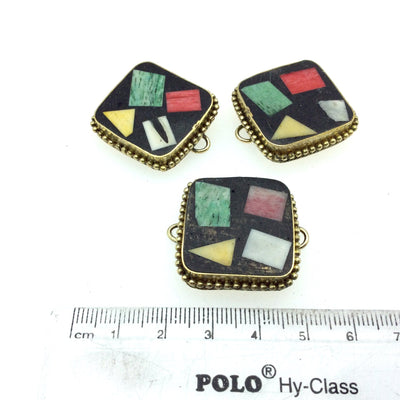1" Multicolor Natural Ox Bone and Resin Mosaic Flat Square Shaped Gold Plated Bezel Connector With Dotted Edges - Measuring 25mm x 25mm.