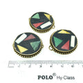 1" Multicolor Natural Ox Bone and Resin Mosaic Flat Round/Coin Shape Gold Plated Bezel Connector W Dotted Edges - Measuring 27mm x 37mm.