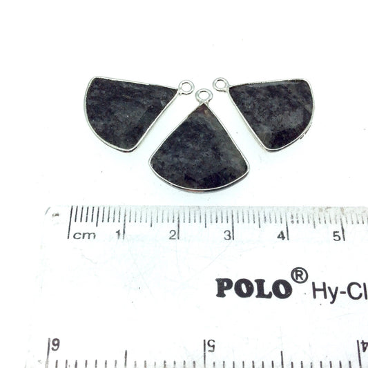 Silver Finish Faceted Black Feldspar Fan Shaped Bezel Pendant Component - Measuring 18-20mm x 18-20mm - Natural Semi-precious Gemstone