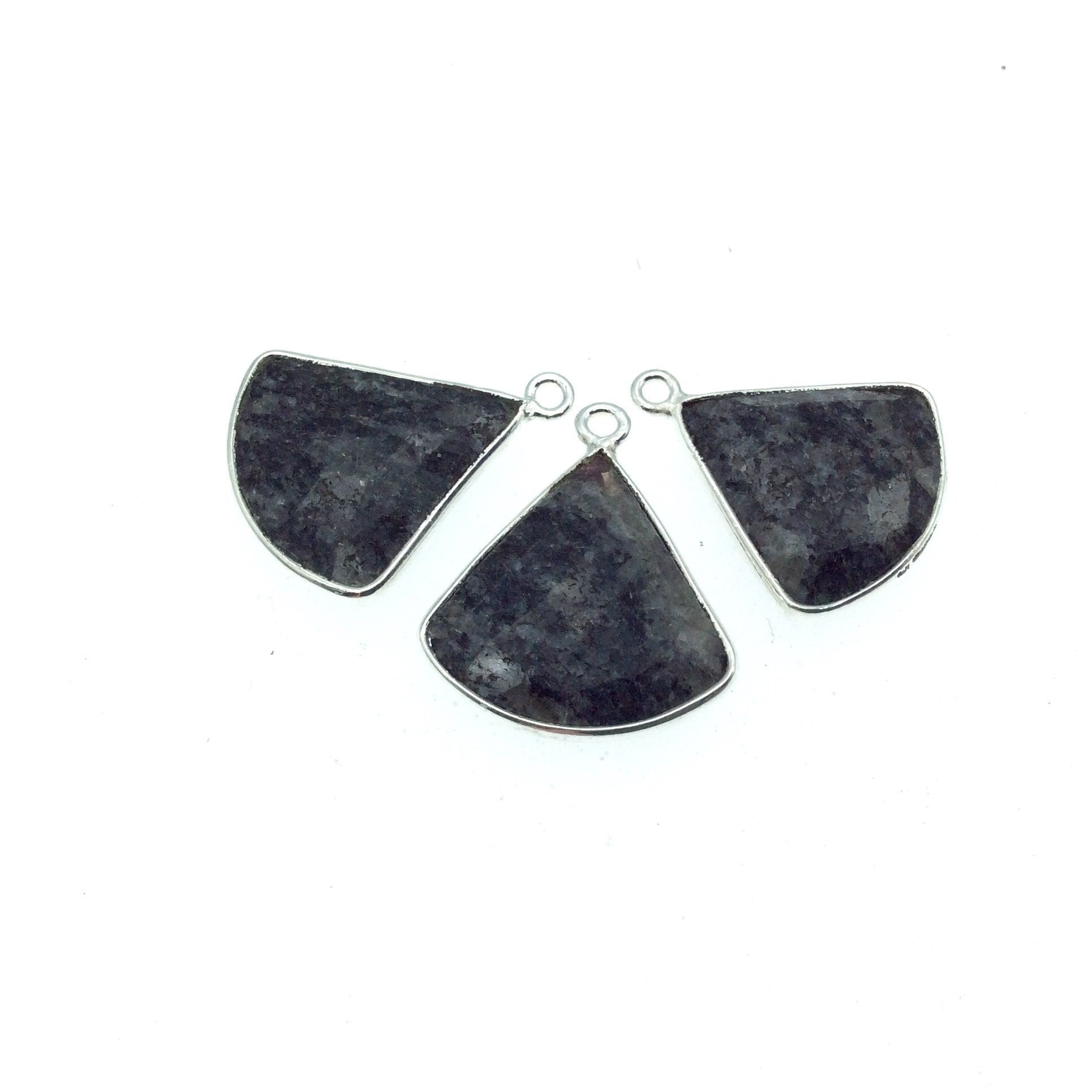 Silver Finish Faceted Black Feldspar Fan Shaped Bezel Pendant Component - Measuring 18-20mm x 18-20mm - Natural Semi-precious Gemstone