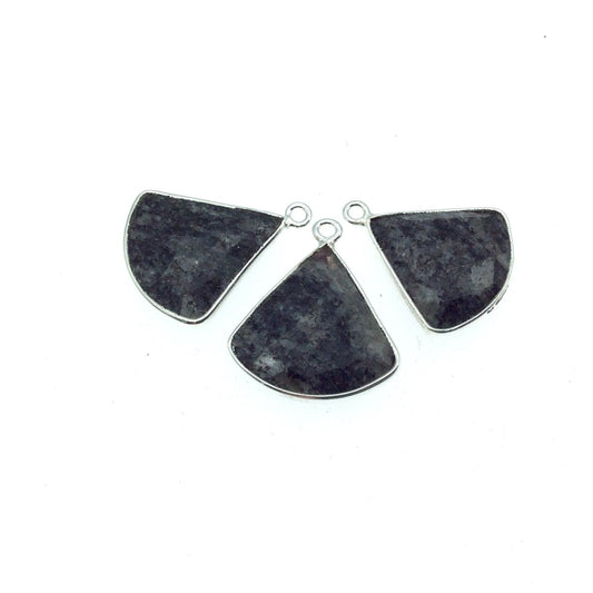 Silver Finish Faceted Black Feldspar Fan Shaped Bezel Pendant Component - Measuring 18-20mm x 18-20mm - Natural Semi-precious Gemstone