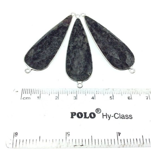 Silver Finish Faceted Black Feldspar Long Teardrop Shaped Bezel Connector Component - Measuring 15mm x 45mm - Natural Semi-precious Gemstone