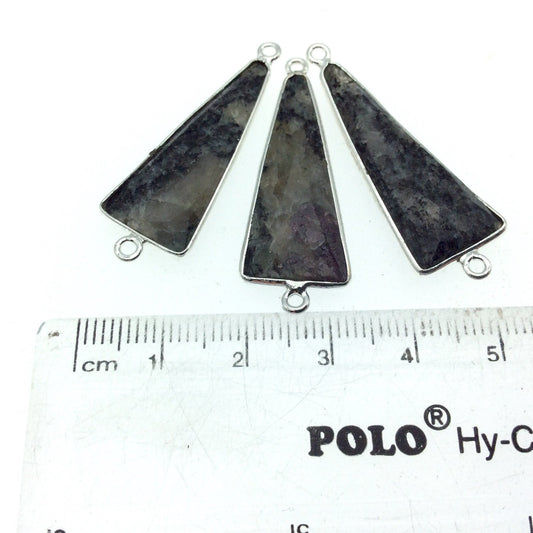 Silver Finish Faceted Black Feldspar Long Triangle Shaped Bezel Connector Component - Measuring 15mm x 35mm - Natural Semi-precious Gemstone