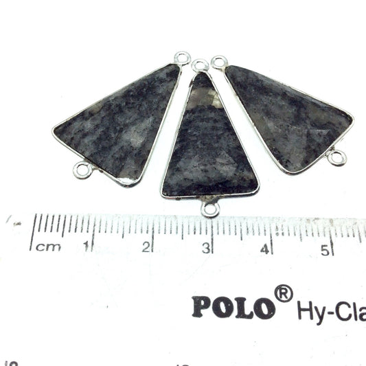 Silver Finish Faceted Black Feldspar Triangle Shaped Bezel Connector Component - Measuring 20mm x 25mm - Natural Semi-precious Gemstone