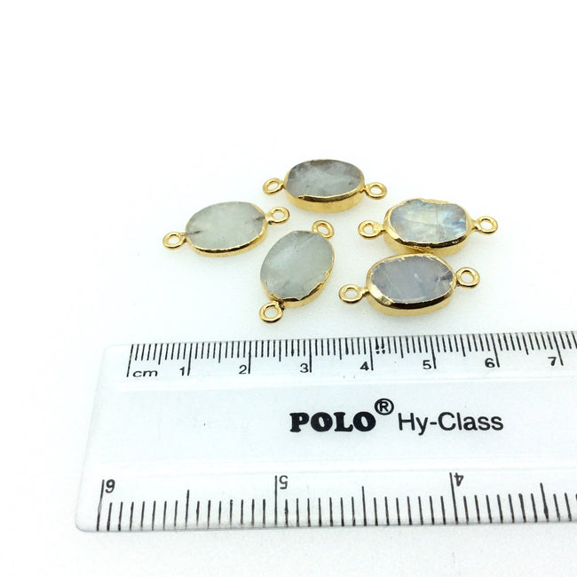 Medium Sized Gold Plated Natural Flat Rainbow Moonstone Oval Shaped Connector -  ~ 15mm - 18mm  Long - Sold Per Each, Selected at Random