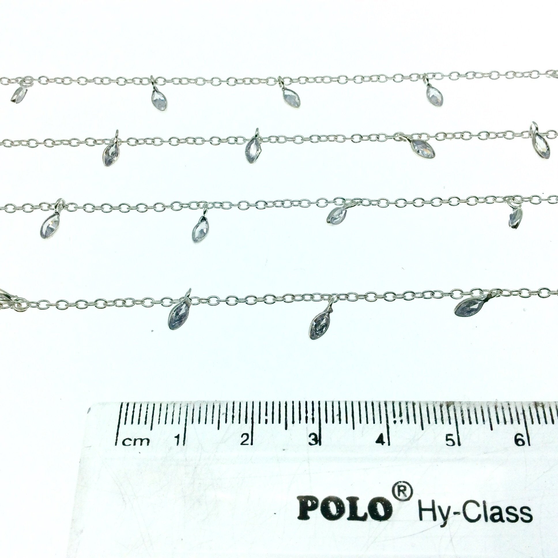 Silver Plated Copper Bezel Dangle Rosary Chain with 2mm x 5mm Cut Stone Flat Back Clear Hydro Quartz Teardrop Bezels - Sold by the Foot