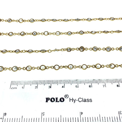 Gold Plated Copper Link Bezel Rosary Chain with 4mm CZ Cubic Zirconia Circle/Coin Bezels - Sold by the Foot