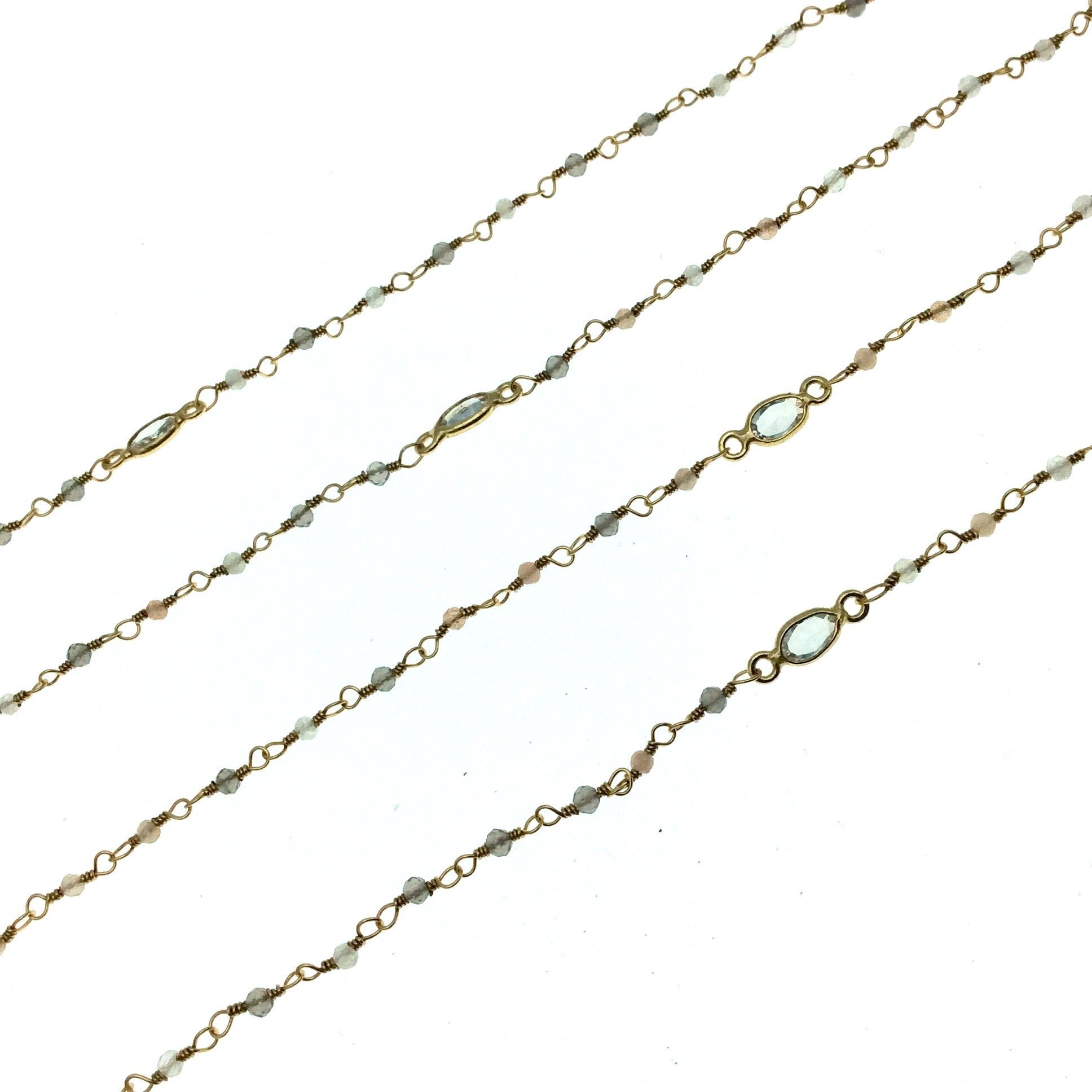 Gold Plated Copper Rosary Chain with 2mm Mixed Moonstone Beads and 5mm Clear Hyrdro Quartz Marquise Bezels  - Sold by the Foot