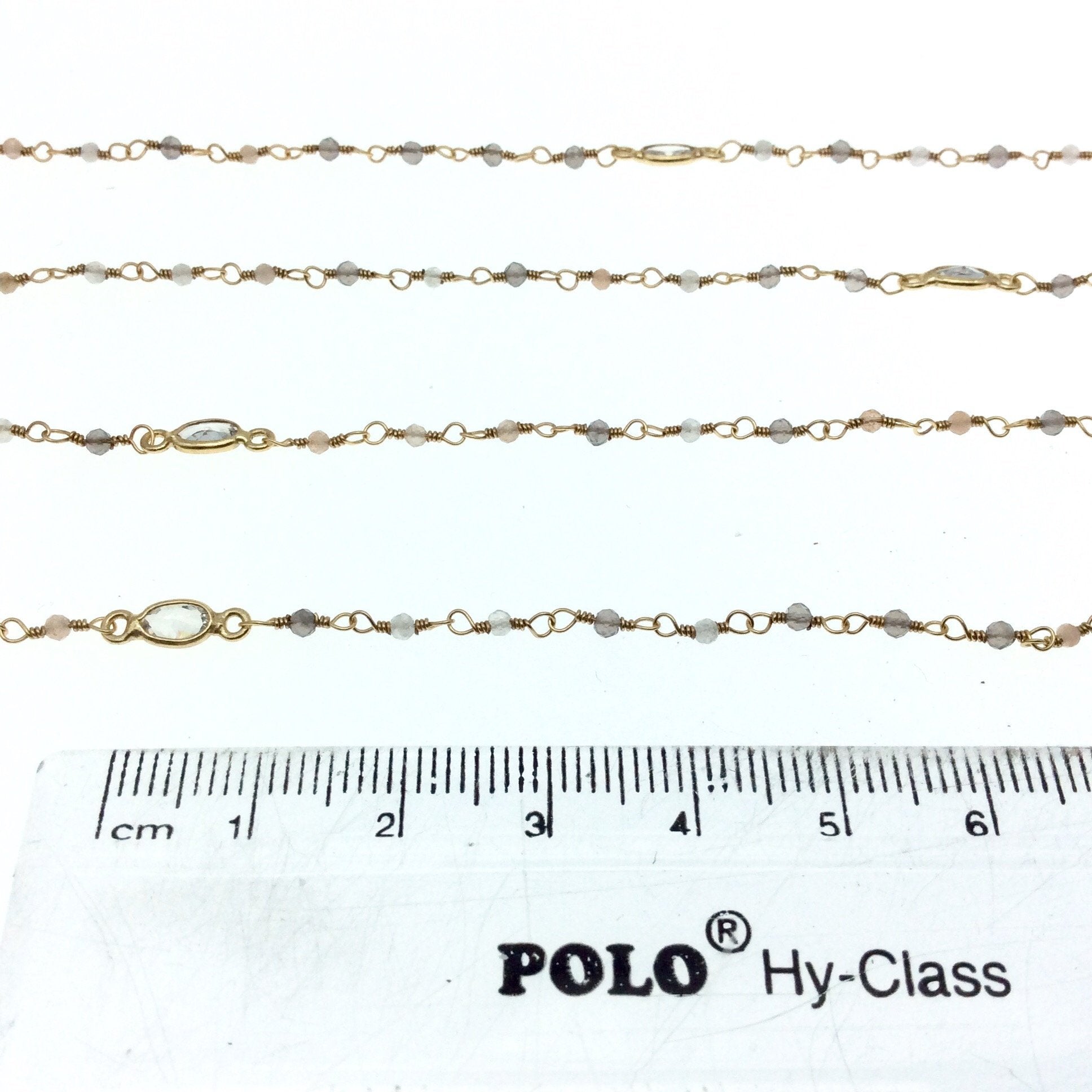 Gold Plated Copper Rosary Chain with 2mm Mixed Moonstone Beads and 5mm Clear Hyrdro Quartz Marquise Bezels  - Sold by the Foot