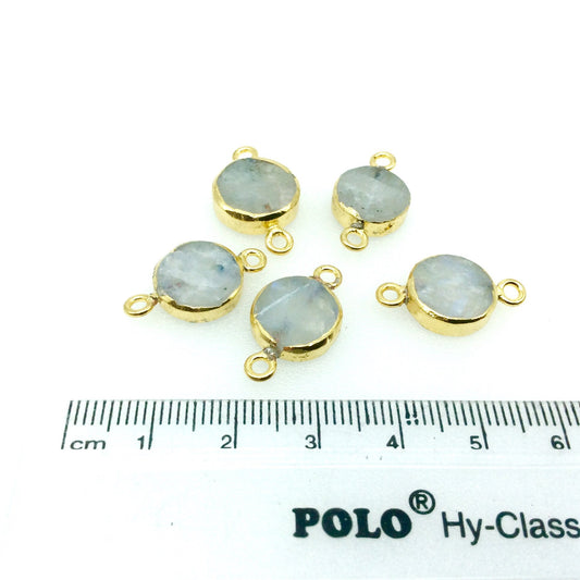 Medium Sized Gold Plated Natural Flat White/Green Tree Agate Round Shaped Connector - 15-18mm Approx. - Sold Per Each, Selected at Random