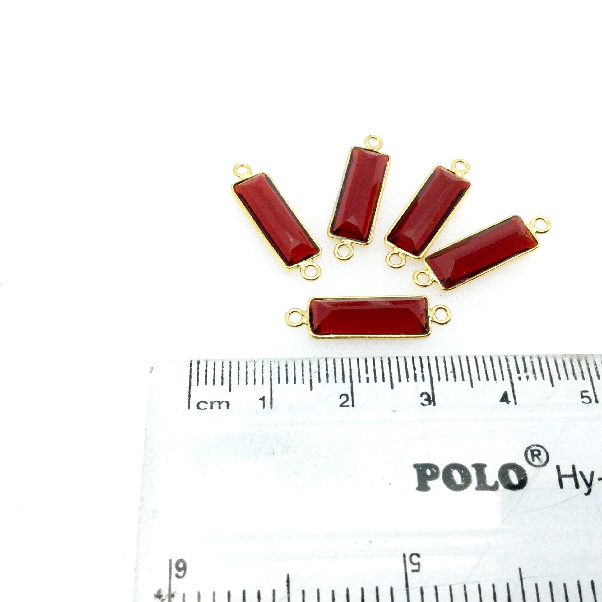 Gold Vermeil Faceted Cut Stone Rectangle Shaped Deep Red (Lab Created) Quartz Bezel Connector- Measuring 5mm x 15mm - Sold Per Piece