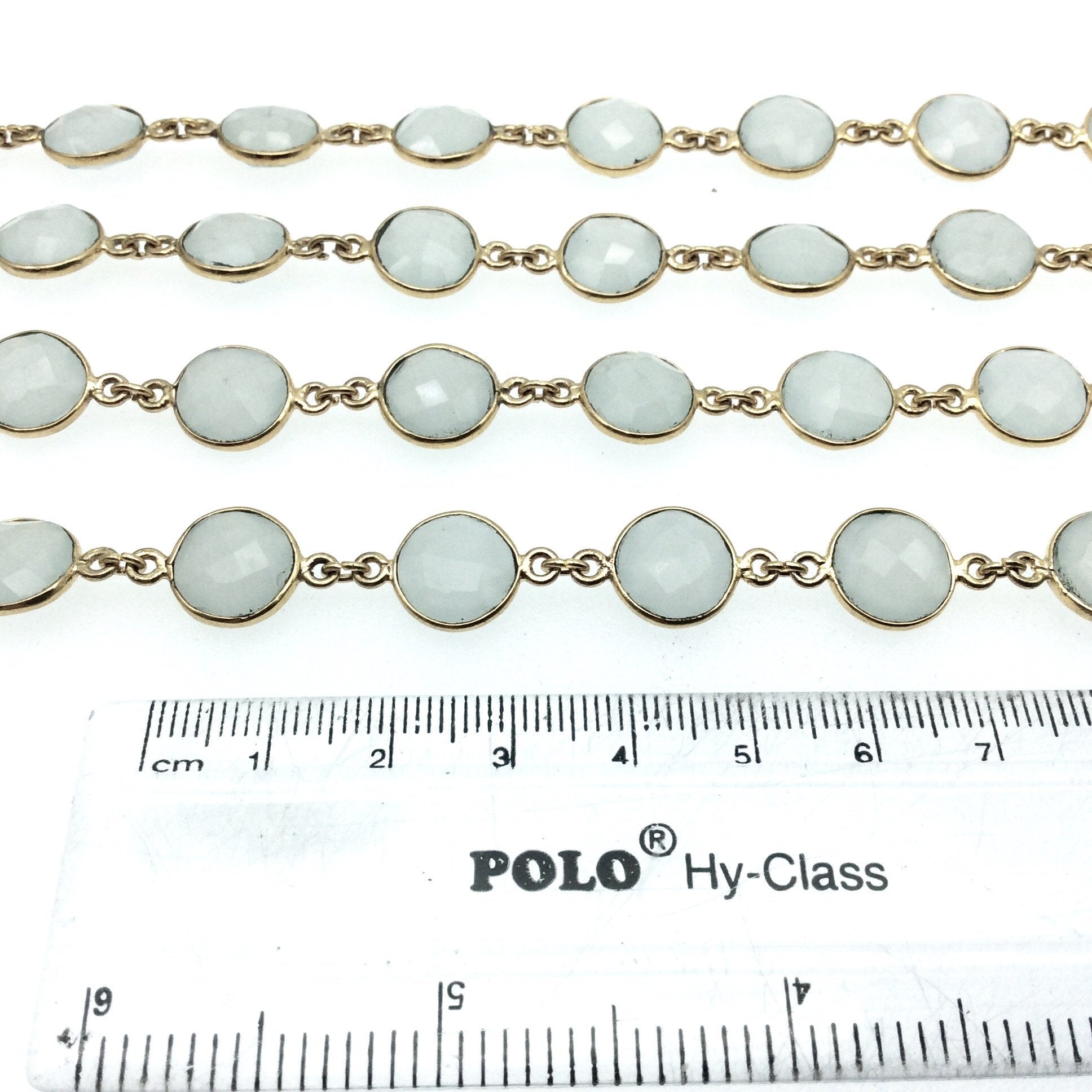 Gold Plated Copper Bezel Link Rosary Chain with 10mm Faceted Gray Chalcedony Circle Shaped Bezels - Sold by 1' Cut Sections