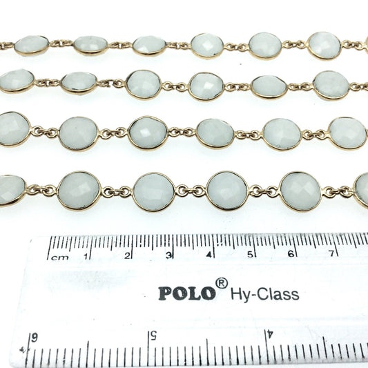 Gold Plated Copper Bezel Link Rosary Chain with 10mm Faceted Gray Chalcedony Circle Shaped Bezels - Sold by 1' Cut Sections