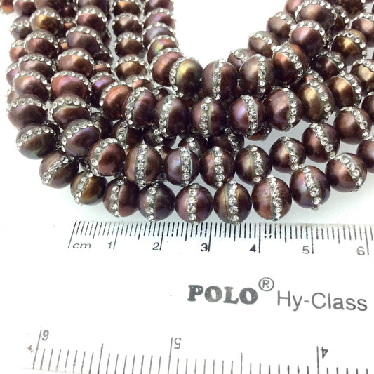 8mm Rhinestone Hemisphere Bronze Pearl Round Shaped Beads - Sold in Packs of Six (6) - Natural Semi-Precious Loose Gemstone