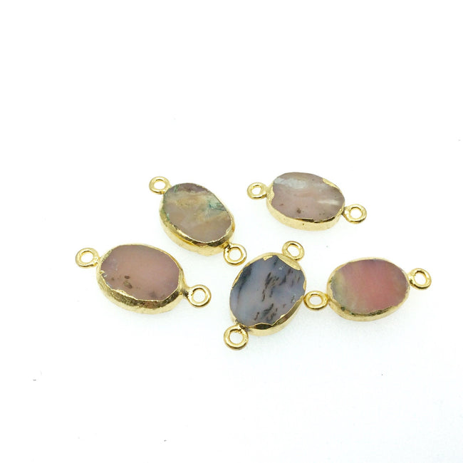 Extra Small Sized Gold Plated Natural Flat Mixed Pink Agate Oval Shape Connector - 12-15mm Long Approx. - Sold Per Each, Selected at Random