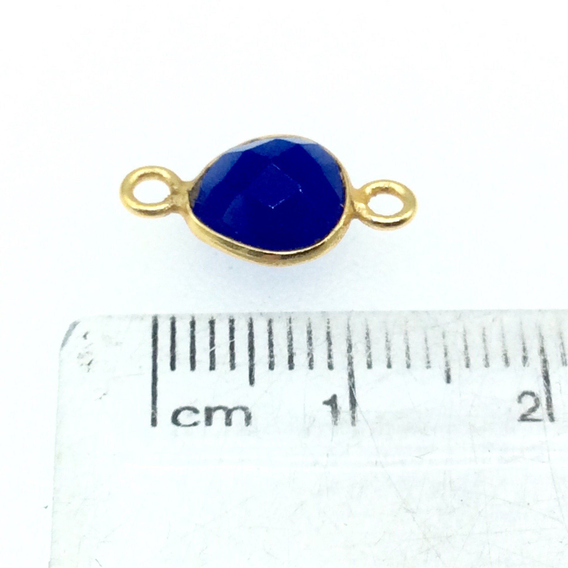 Gold Finish Faceted Cobalt Chalcedony Heart/Teardrop Shaped Bezel Connector Component - Measuring 8mm x 8mm - Natural Semi-precious Gemstone