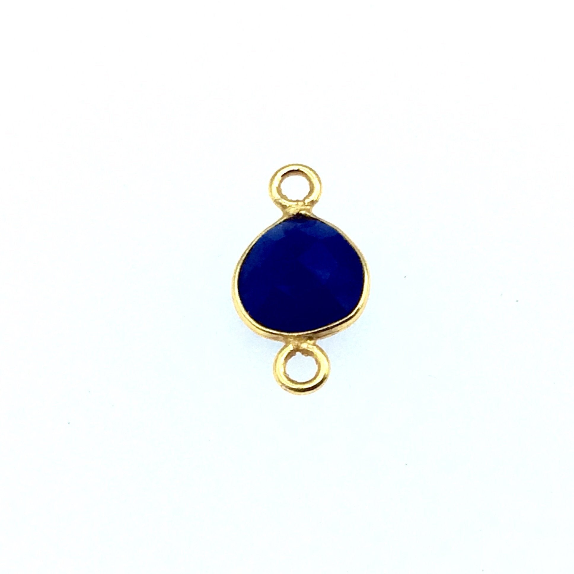 Gold Finish Faceted Cobalt Chalcedony Heart/Teardrop Shaped Bezel Connector Component - Measuring 8mm x 8mm - Natural Semi-precious Gemstone