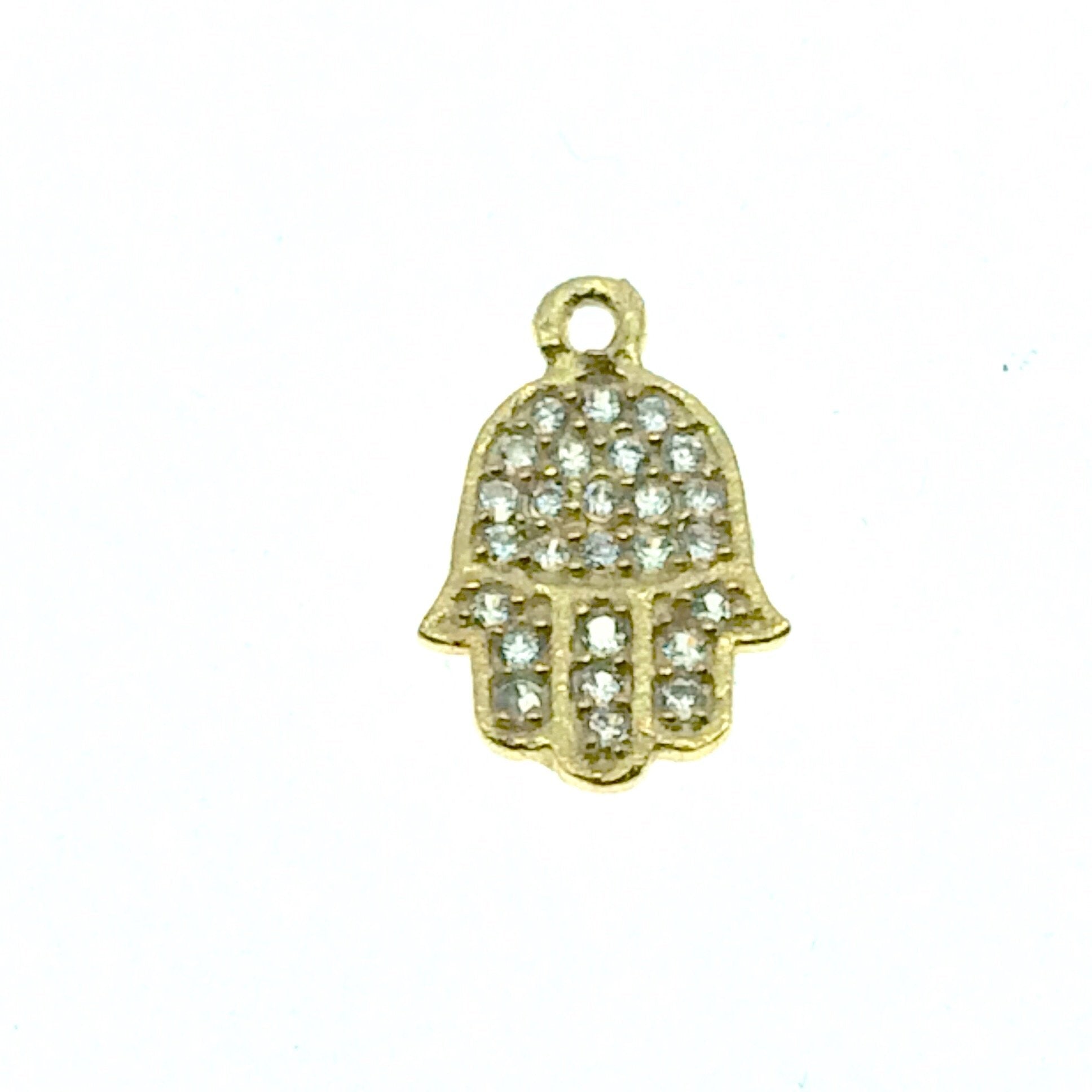 Tiny Gold Finish Hamsa Shaped CZ Cubic Zirconia Inlaid Plated Copper Pendant Component - Measuring 6mm x 10mm  - Sold Individually