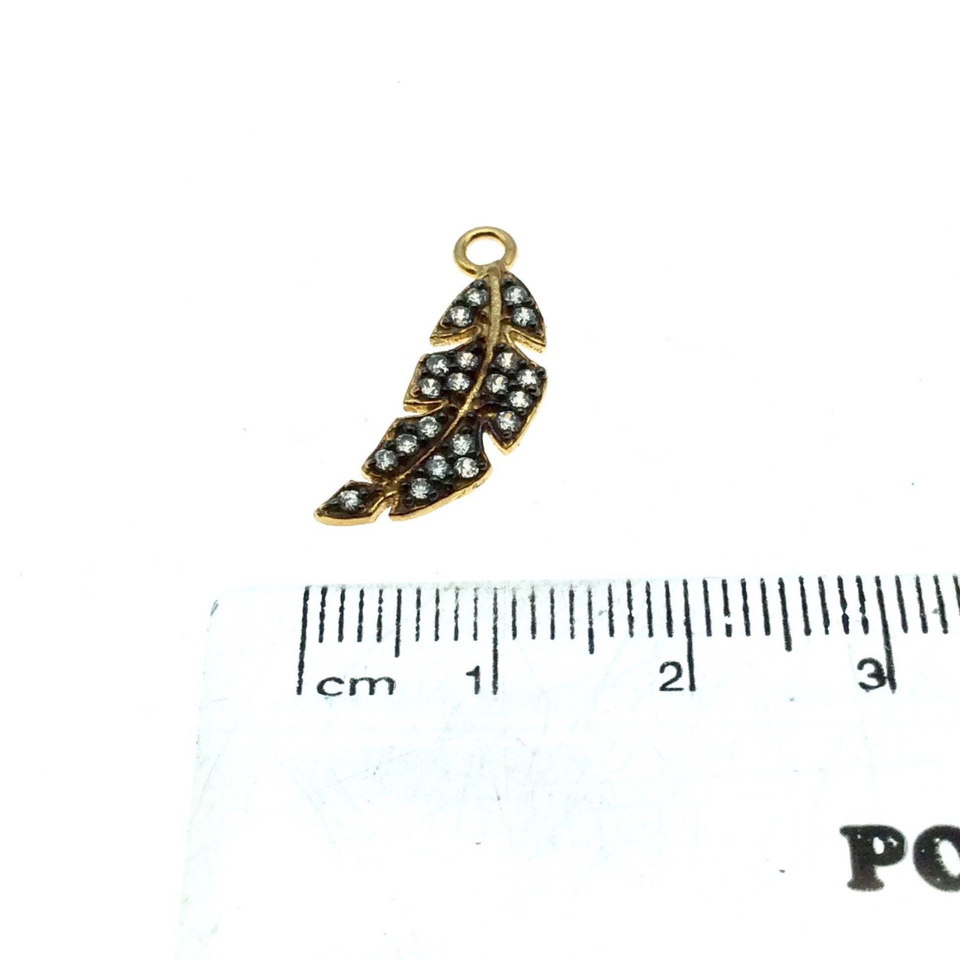 Oxidized Gold Finish Leaf/Feather Shape CZ Cubic Zirconia Inlaid Plated Copper Pendant Component - Measuring 7mm x 20mm  - Sold Individually