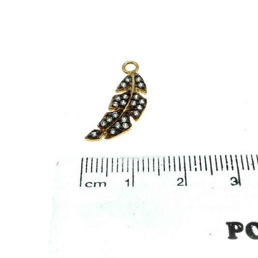 Oxidized Gold Finish Leaf/Feather Shape CZ Cubic Zirconia Inlaid Plated Copper Pendant Component - Measuring 7mm x 20mm  - Sold Individually
