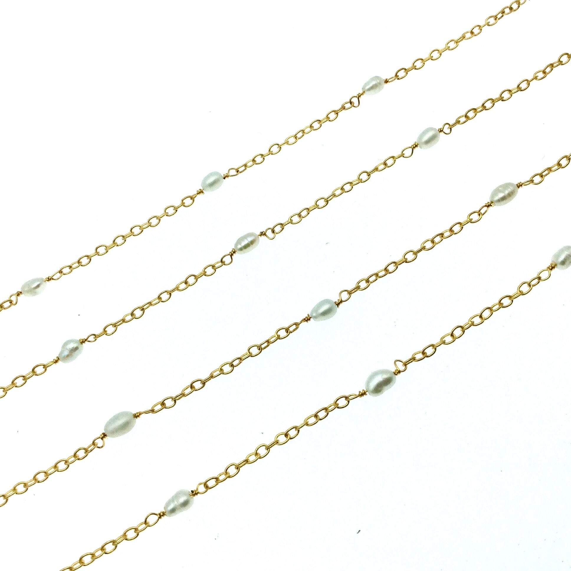 Gold Plated Copper Rosary Chain with Spaced 5mm Freshwater Pearl Rice Beads - Sold by the Foot! - Natural Semi-Precious Beaded Chain