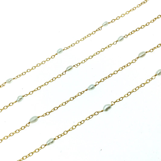 Gold Plated Copper Rosary Chain with Spaced 5mm Freshwater Pearl Rice Beads - Sold by the Foot! - Natural Semi-Precious Beaded Chain