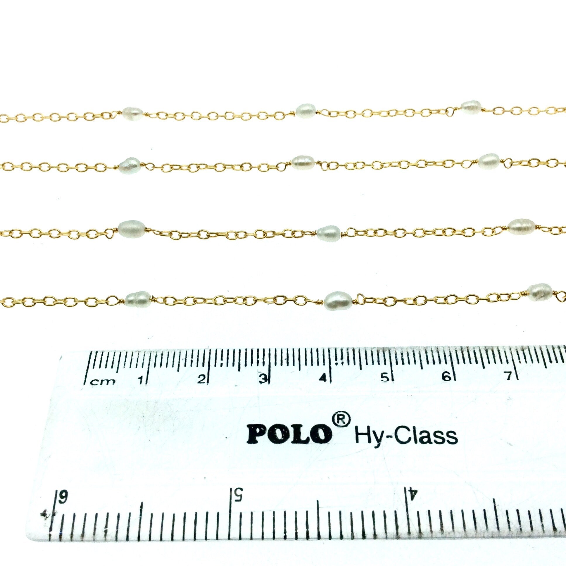Gold Plated Copper Rosary Chain with Spaced 5mm Freshwater Pearl Rice Beads - Sold by the Foot! - Natural Semi-Precious Beaded Chain