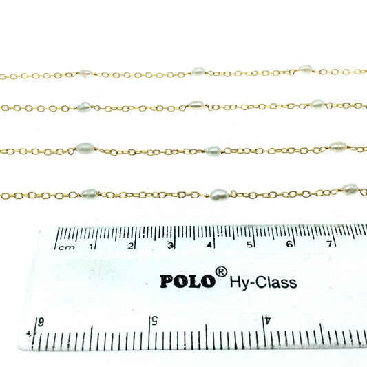 Gold Plated Copper Rosary Chain with Spaced 5mm Freshwater Pearl Rice Beads - Sold by the Foot! - Natural Semi-Precious Beaded Chain
