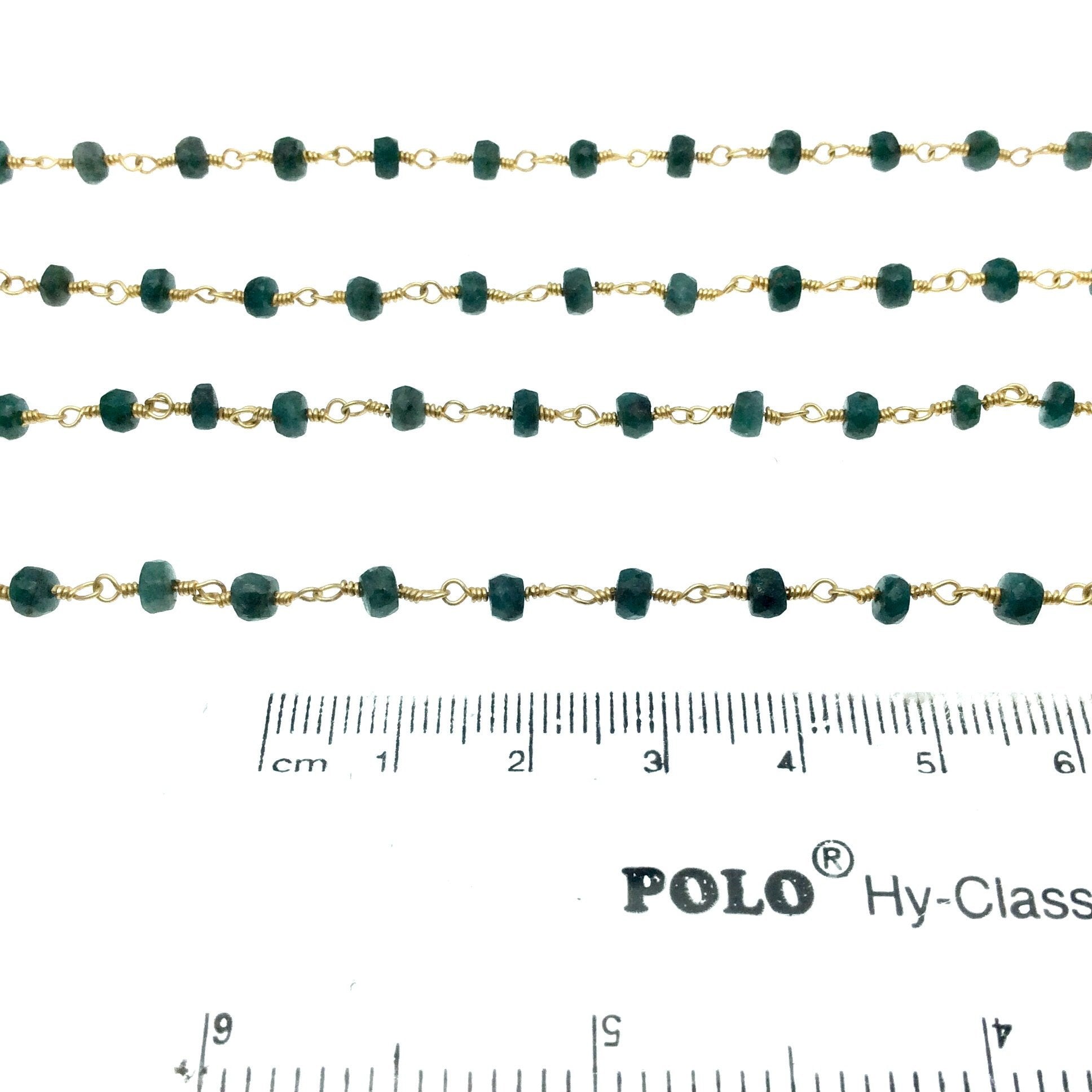 Gold Plated Copper Wrapped Rosary Chain with 3-4mm Faceted Natural Emerald  Rondelle Beads - Sold by 1' Cut Sections!