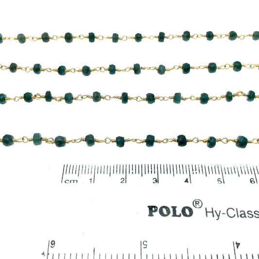 Gold Plated Copper Wrapped Rosary Chain with 3-4mm Faceted Natural Emerald  Rondelle Beads - Sold by 1' Cut Sections!