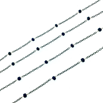 Gunmetal Plated Copper Rosary Chain with Silver Linked Faceted 3-4mm Rondelle Shape Blue Sapphire Beads - Natural Gemstone - Sold Per Foot