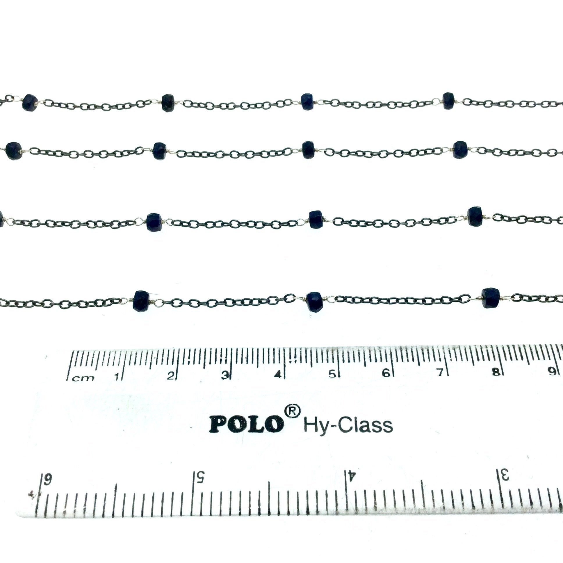 Gunmetal Plated Copper Rosary Chain with Silver Linked Faceted 3-4mm Rondelle Shape Blue Sapphire Beads - Natural Gemstone - Sold Per Foot