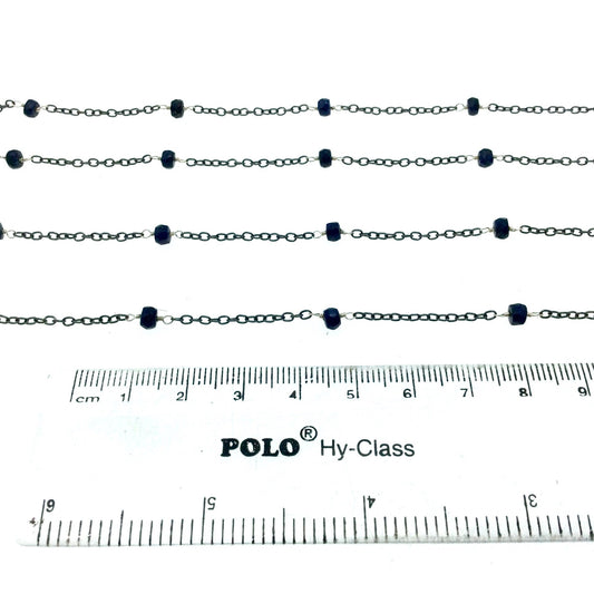 Gunmetal Plated Copper Rosary Chain with Silver Linked Faceted 3-4mm Rondelle Shape Blue Sapphire Beads - Natural Gemstone - Sold Per Foot